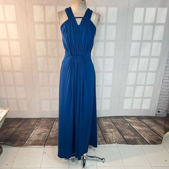 Ranna Gill blue sleeveless draped jersey gown with crystal embellishment size sm - Picture 2 of 13